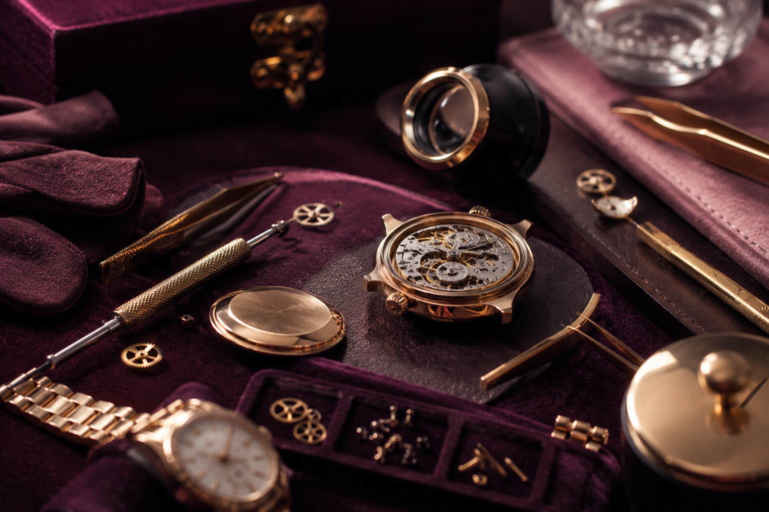 Premium watch service bench with tools and components